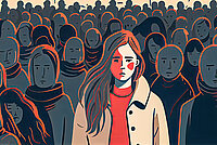 traurige Frau inmitten von vielen Menschen (Illustration)