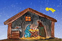 Zeichnung einer Weihnachtskrippe. Darüber der Nachthimmel mit Weihnachtsstern.